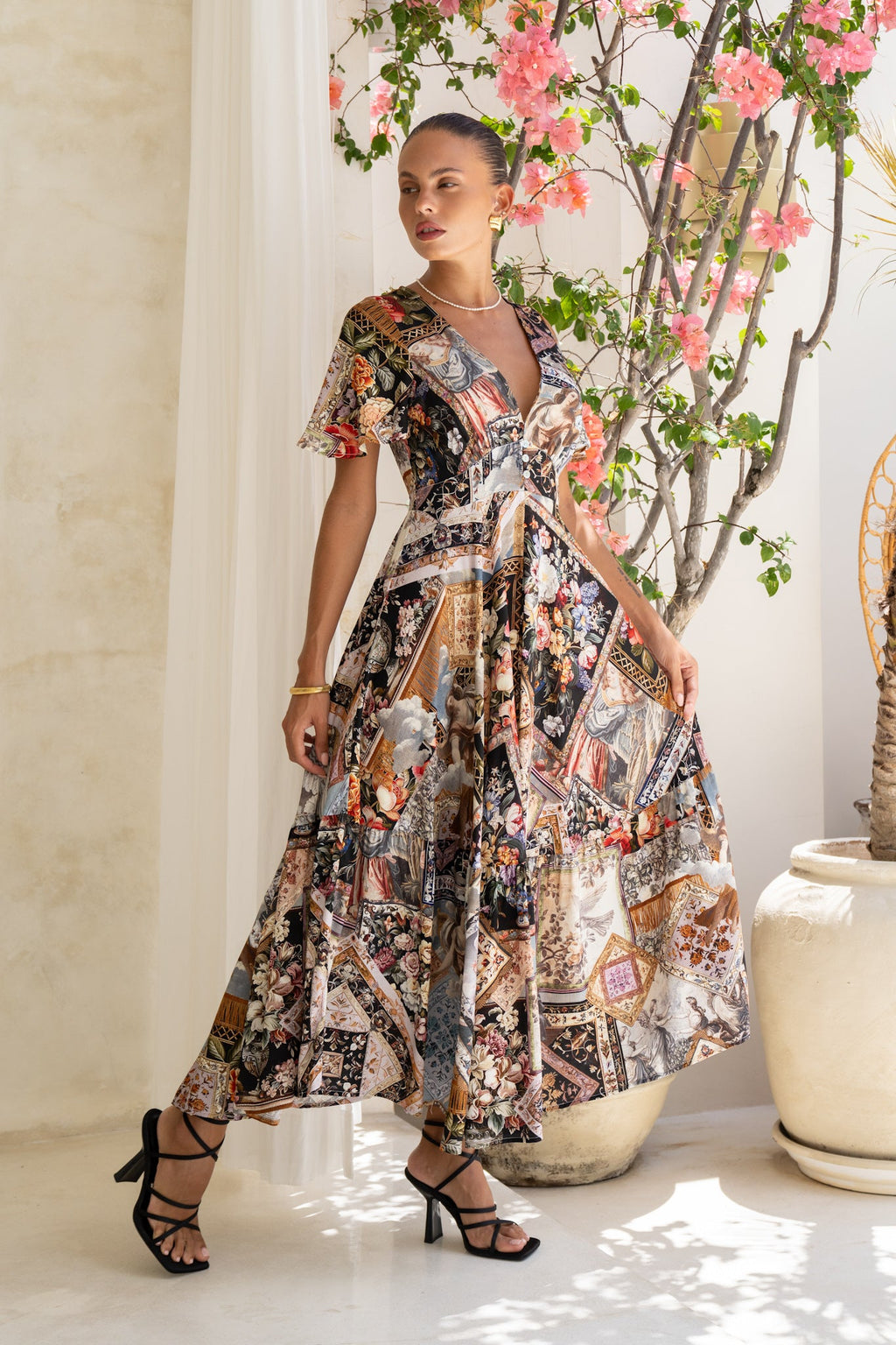 Black Abstract V-Neck Midi Dress