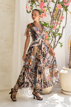 Black Abstract V-Neck Midi Dress