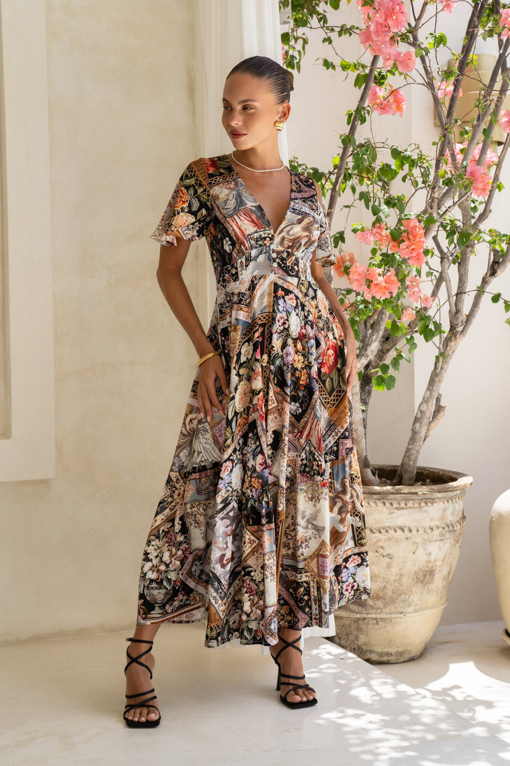 Black Abstract V-Neck Midi Dress