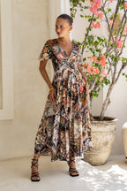 Black Abstract V-Neck Midi Dress