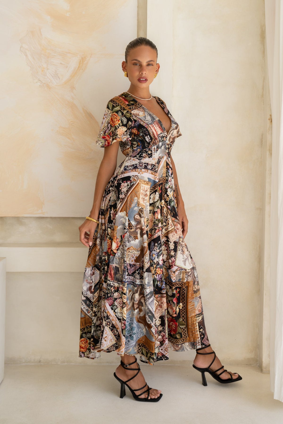 Black Abstract V-Neck Midi Dress