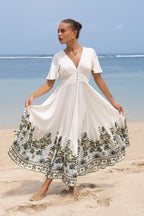 Green Tropical V-Neck Midi Dress