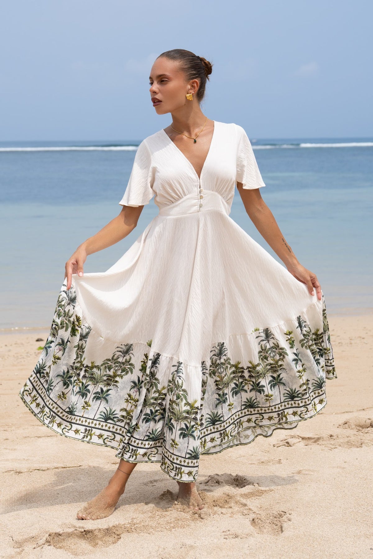 Green Tropical V-Neck Midi Dress