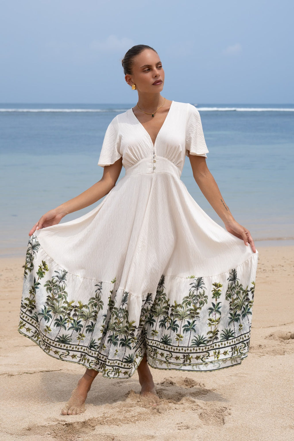 Green Tropical V-Neck Midi Dress