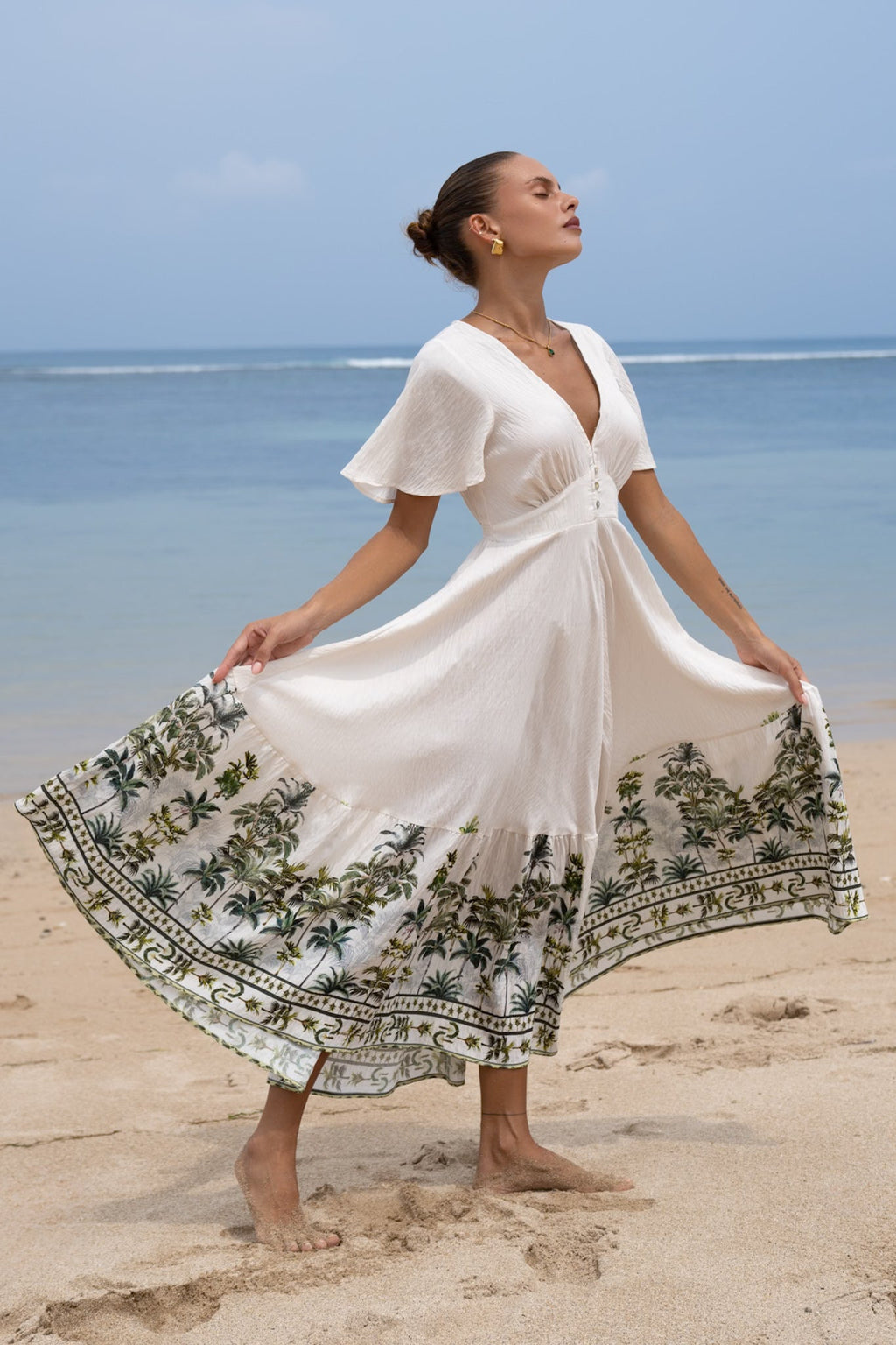 Green Tropical V-Neck Midi Dress