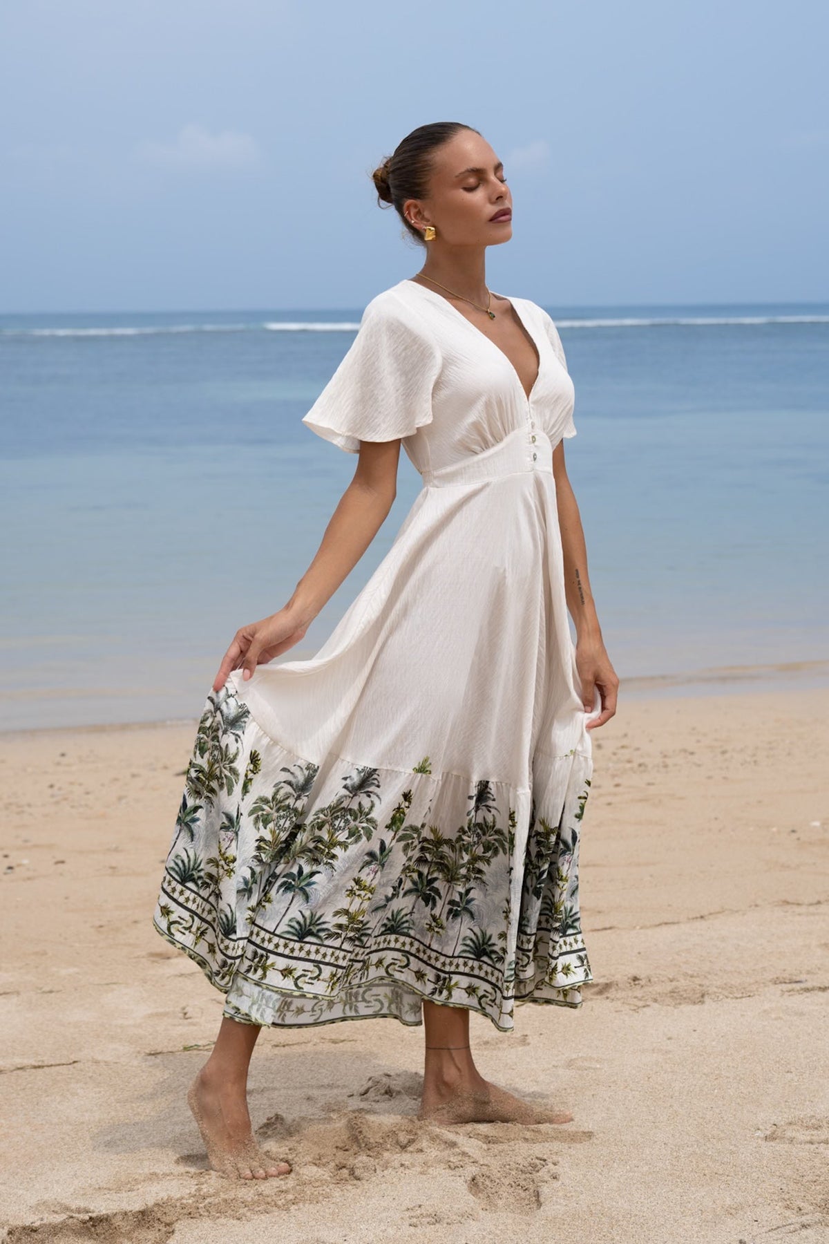 Green Tropical V-Neck Midi Dress