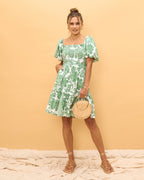 Green Floral Puff Sleeves Mini Dress