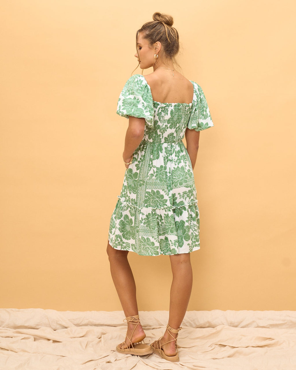 Green Floral Puff Sleeves Mini Dress