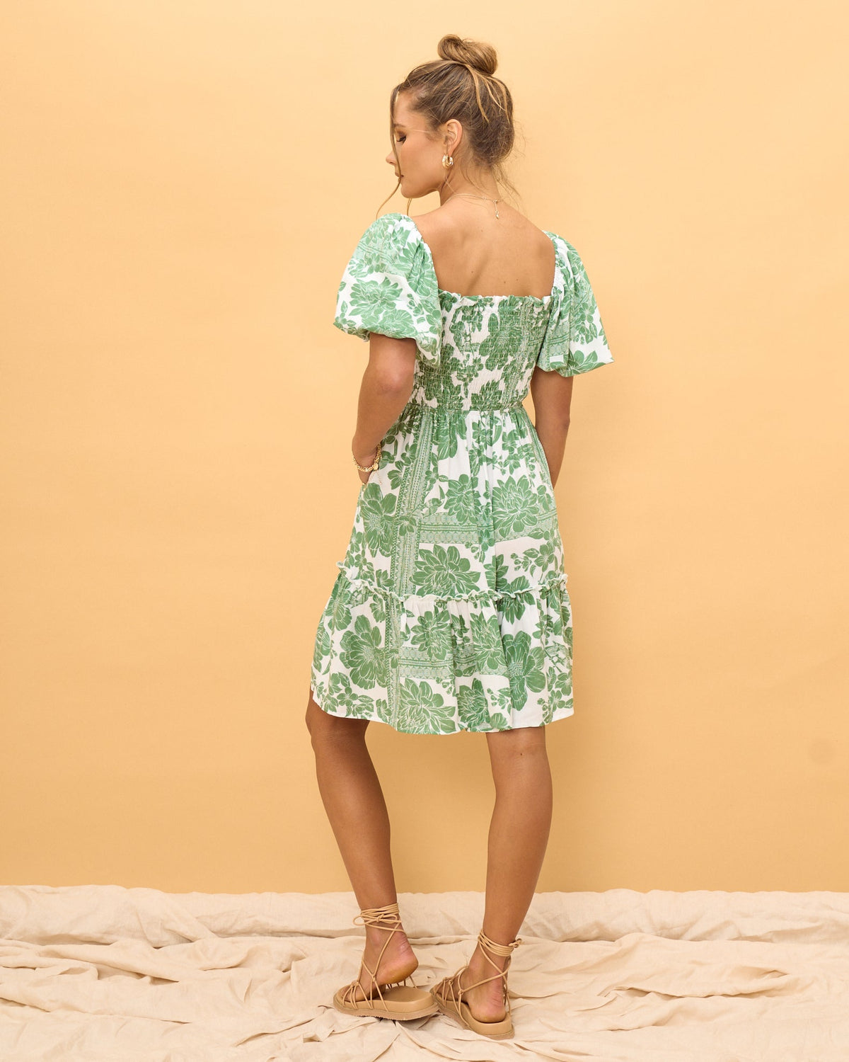Green Floral Puff Sleeves Mini Dress