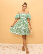Green Floral Puff Sleeves Mini Dress