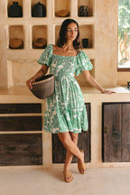 Green Floral Puff Sleeves Mini Dress
