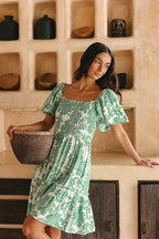 Green Floral Puff Sleeves Mini Dress