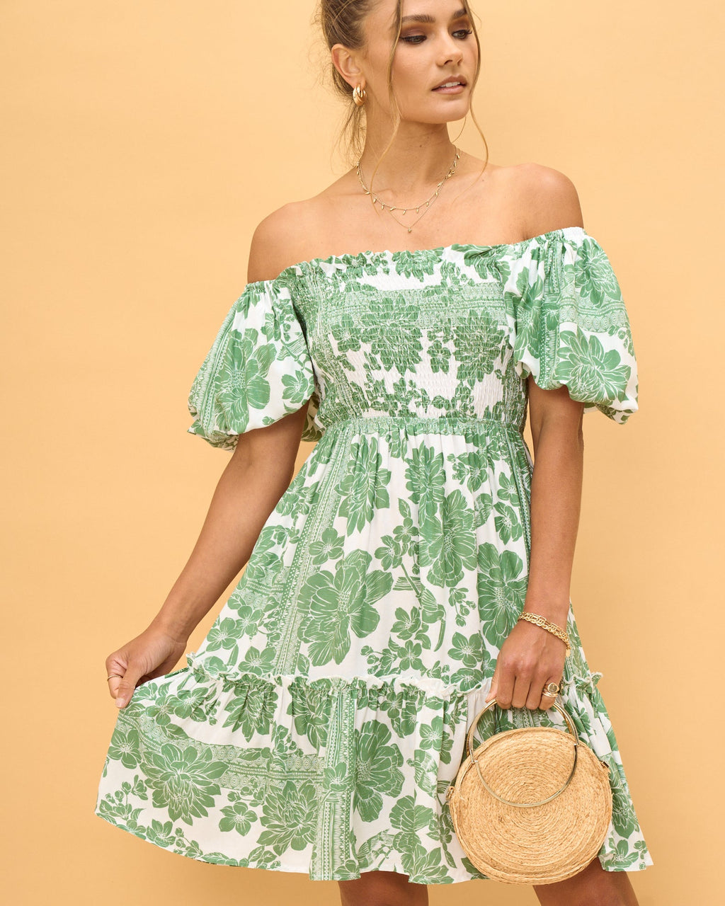 Green Floral Puff Sleeves Mini Dress