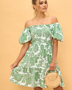 Green Floral Puff Sleeves Mini Dress