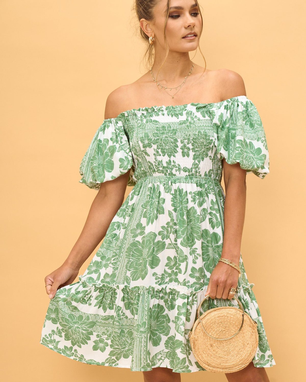 Green Floral Puff Sleeves Mini Dress