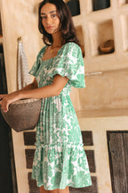 Green Floral Puff Sleeves Mini Dress