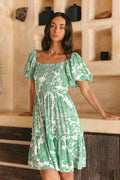 Green Floral Puff Sleeves Mini Dress