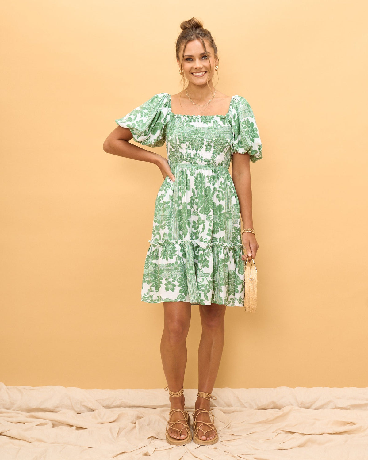 Green Floral Puff Sleeves Mini Dress