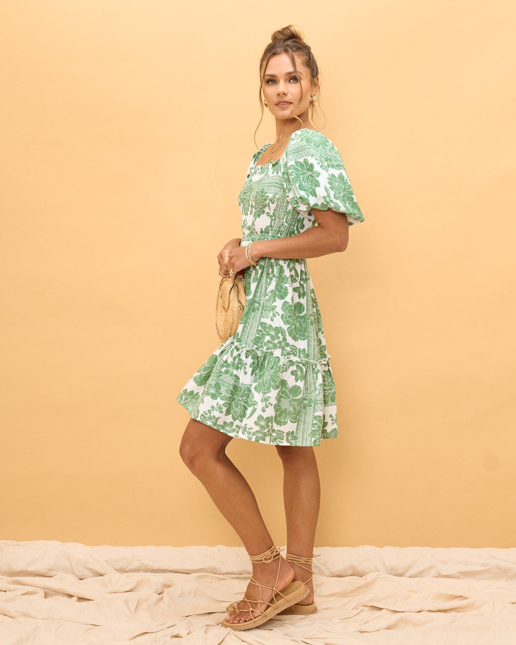 Green Floral Puff Sleeves Mini Dress