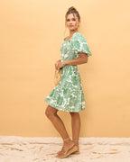 Green Floral Puff Sleeves Mini Dress