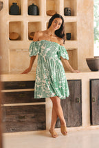 Green Floral Puff Sleeves Mini Dress