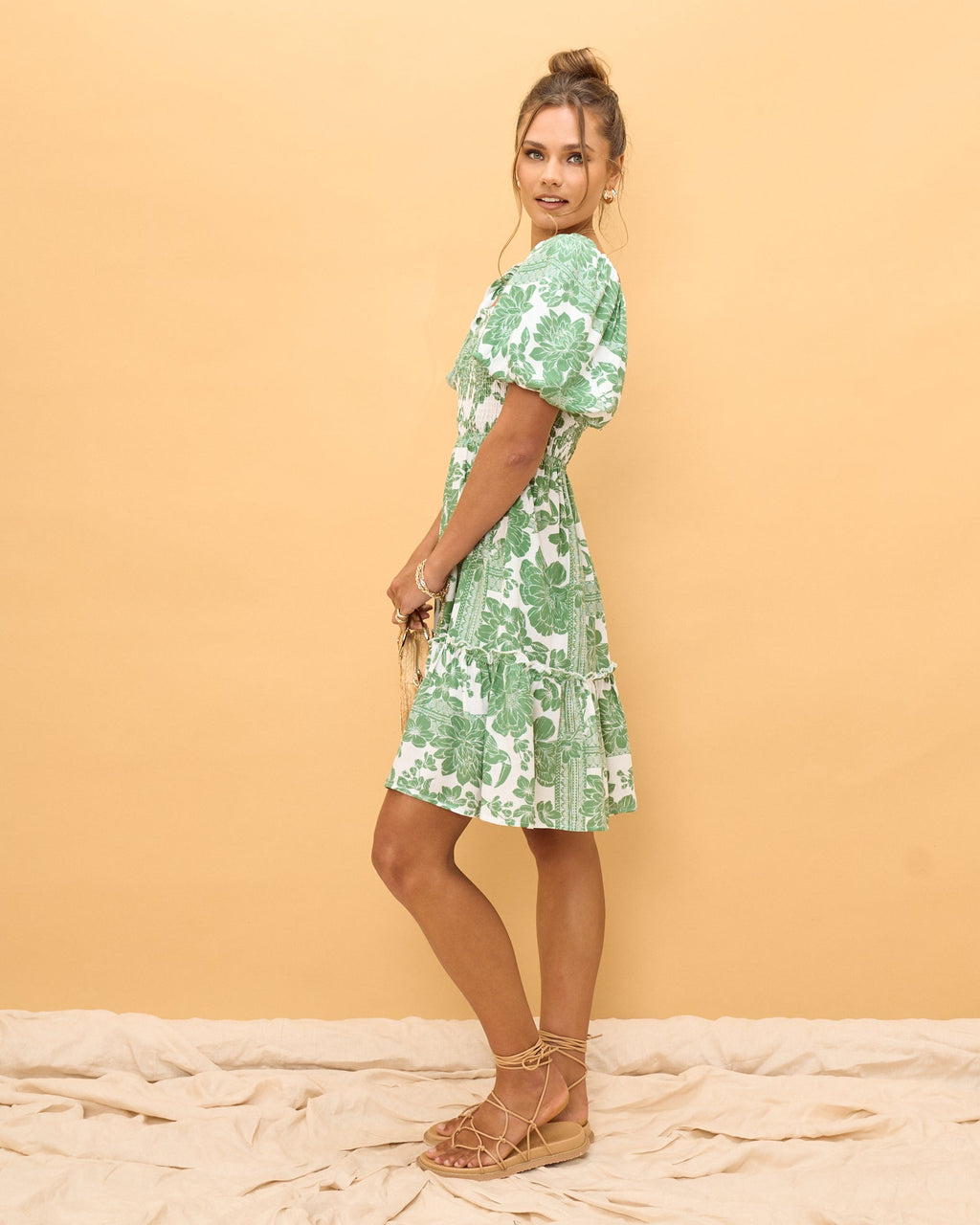 Green Floral Puff Sleeves Mini Dress