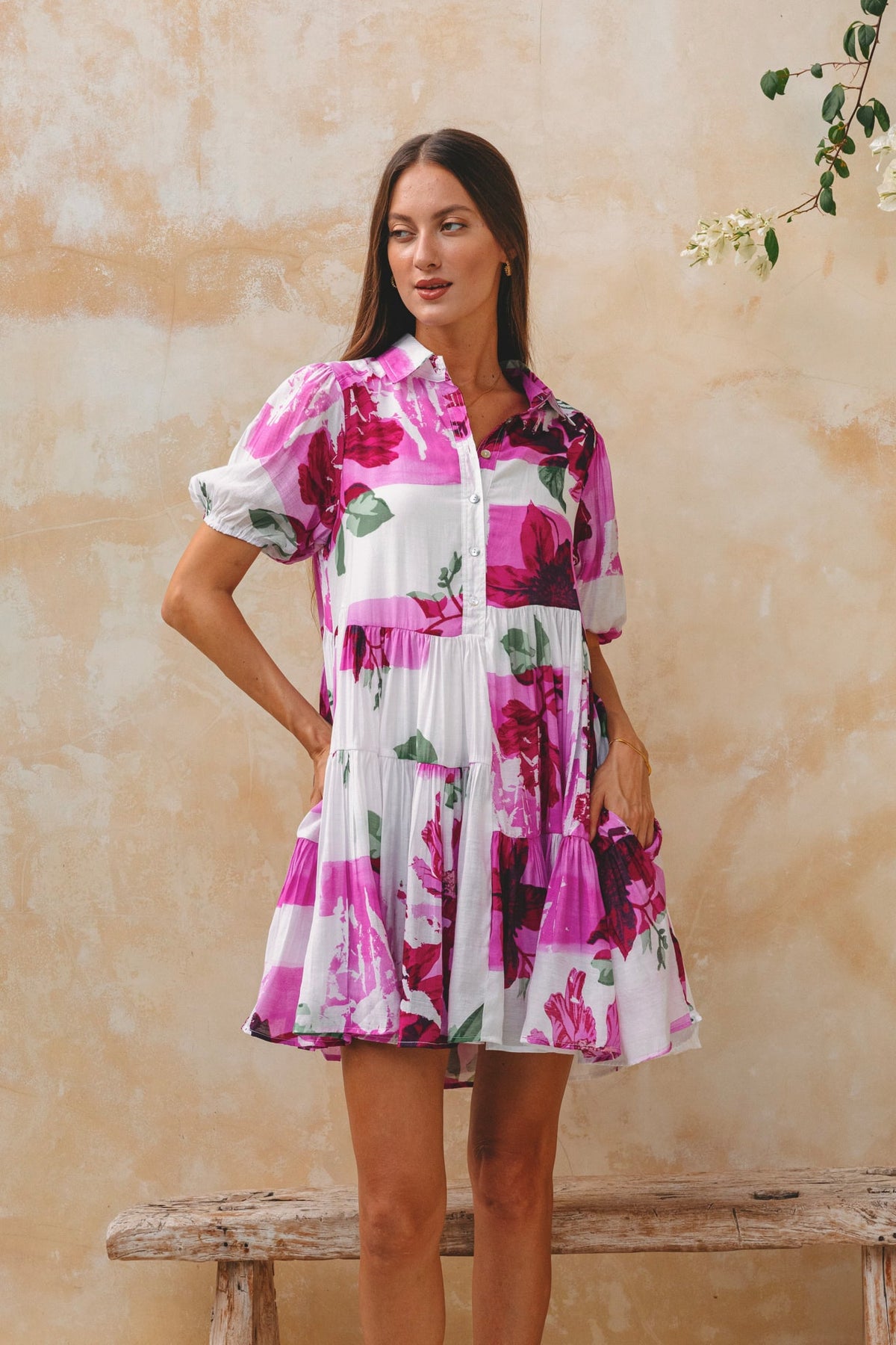 Pink Floral Puff Sleeve Mini Dress