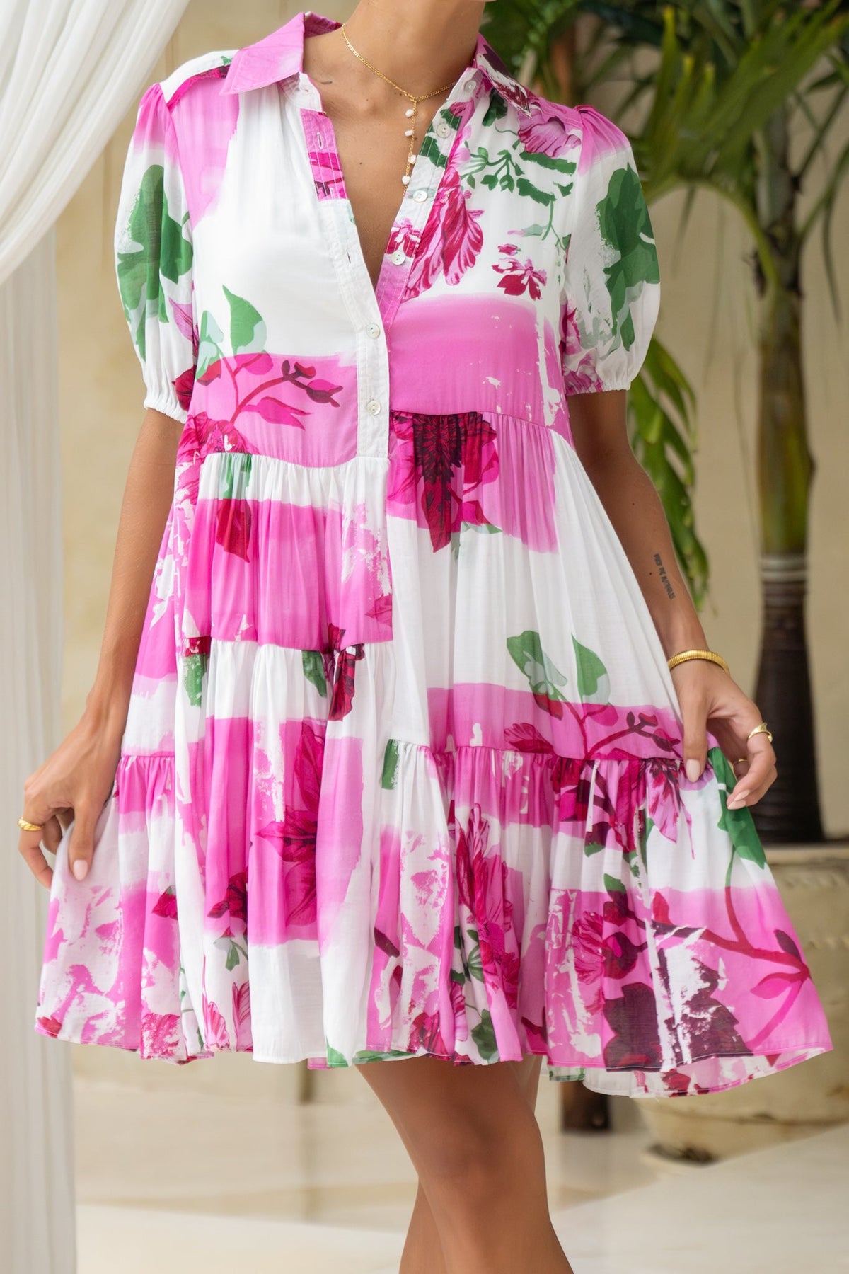 Pink Floral Puff Sleeve Mini Dress
