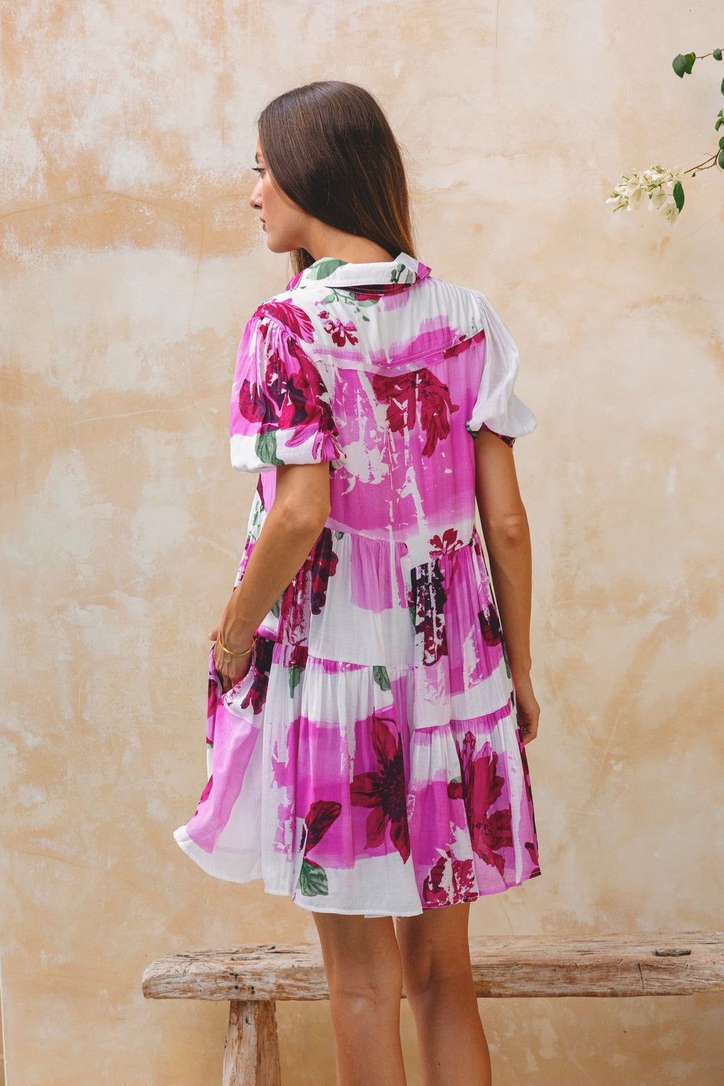 Pink Floral Puff Sleeve Mini Dress