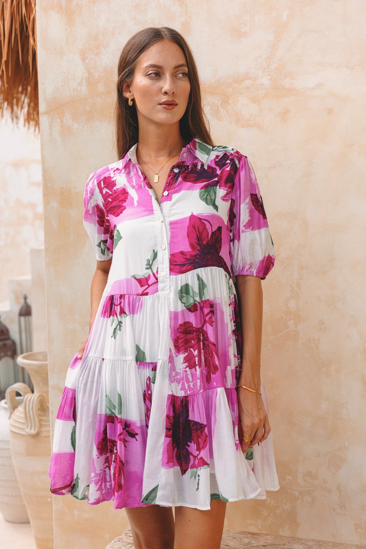 Pink Floral Puff Sleeve Mini Dress