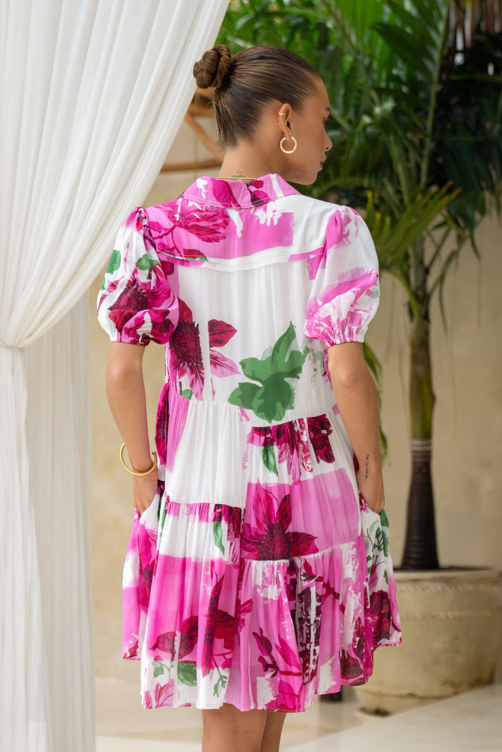 Pink Floral Puff Sleeve Mini Dress