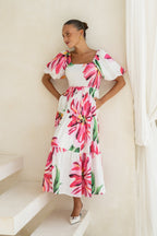 Pink Floral Puff Sleeve Midi Dress