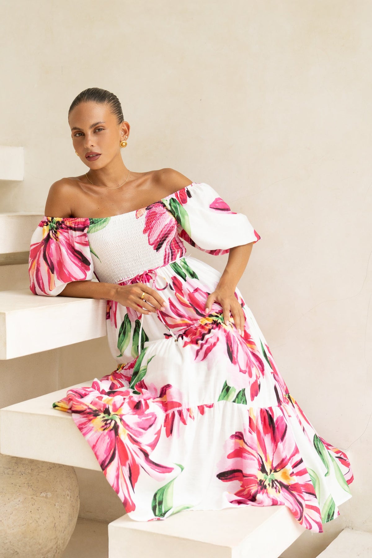 Pink Floral Puff Sleeve Midi Dress