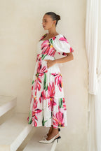 Pink Floral Puff Sleeve Midi Dress