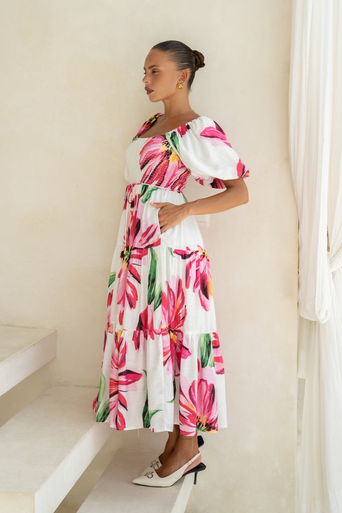 Pink Floral Puff Sleeve Midi Dress
