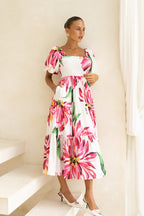 Pink Floral Puff Sleeve Midi Dress