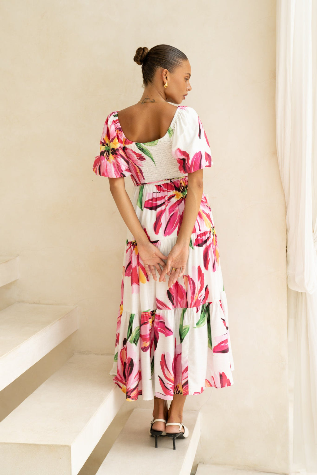 Pink Floral Puff Sleeve Midi Dress