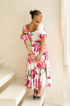 Pink Floral Puff Sleeve Midi Dress