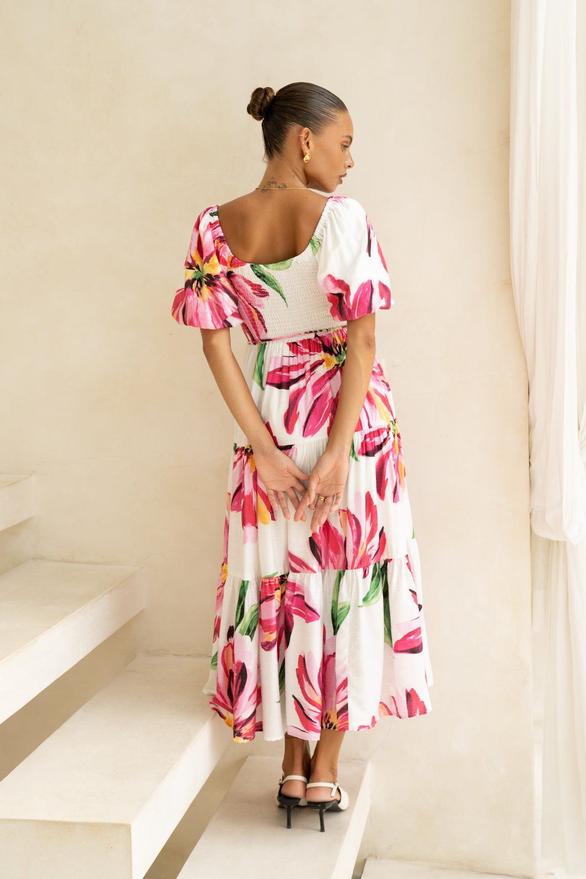 Pink Floral Puff Sleeve Midi Dress