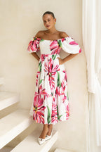 Pink Floral Puff Sleeve Midi Dress