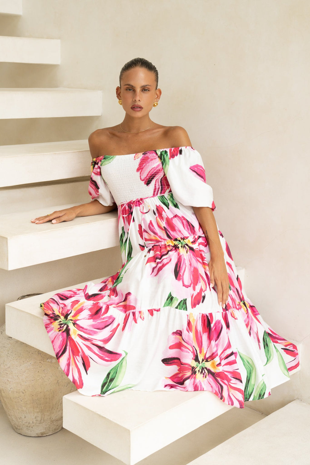 Pink Floral Puff Sleeve Midi Dress