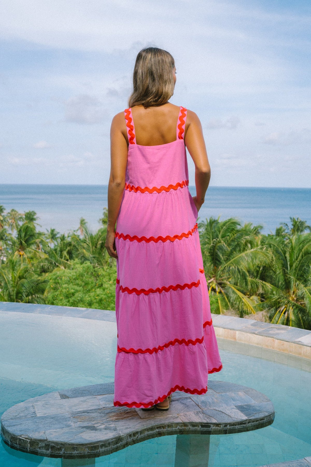 Pink Red  Tiered Maxi Dress