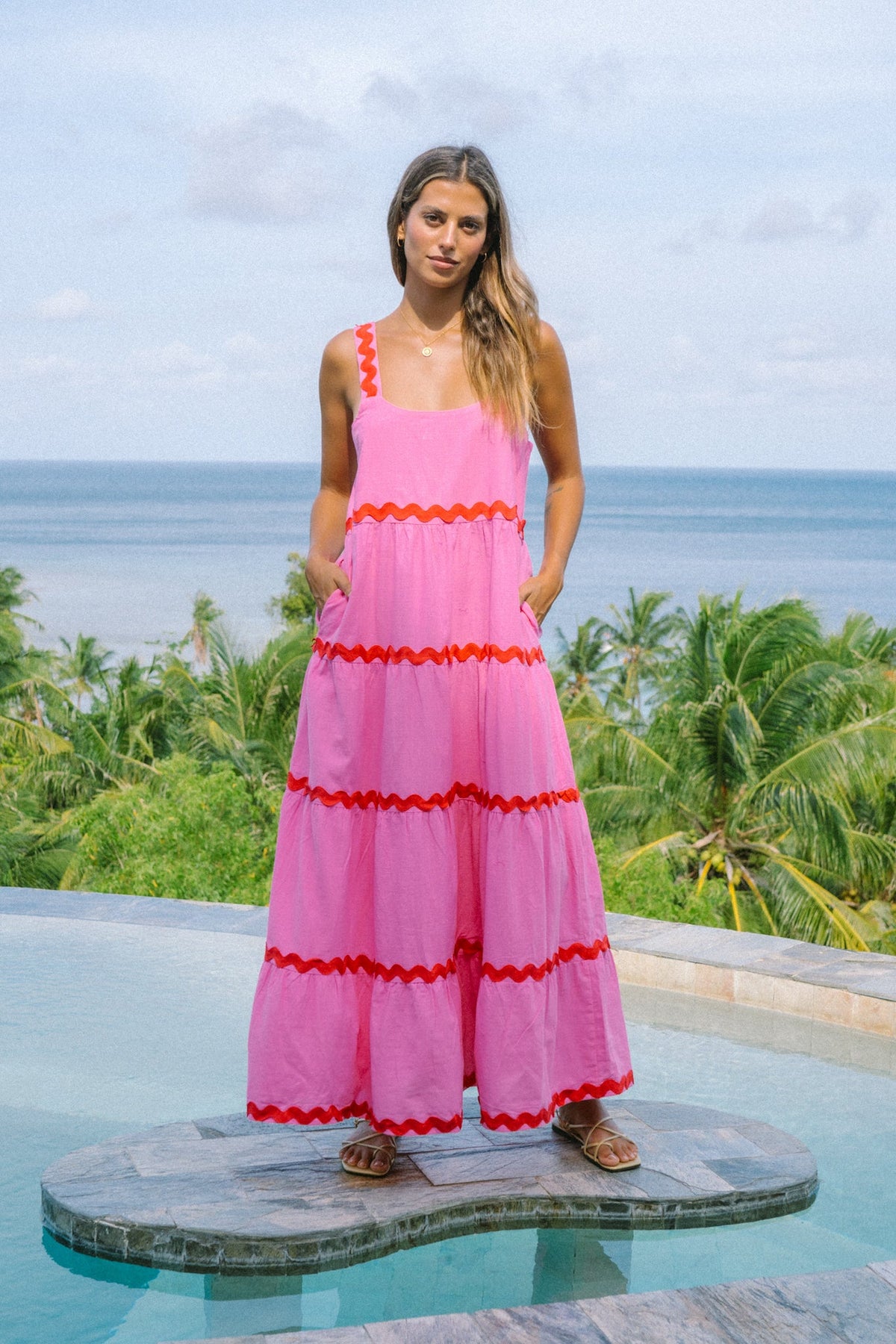 Pink Red  Tiered Maxi Dress