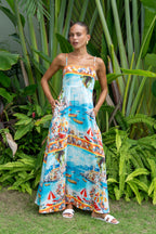 Blue Abstract Flared Maxi Dress