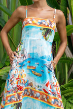 Blue Abstract Flared Maxi Dress