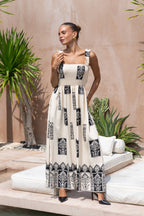Beige Abstract Square Neck Maxi Dress