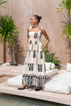 Beige Abstract Square Neck Maxi Dress