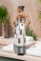 Beige Abstract Square Neck Maxi Dress