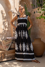 Black Abstract Square Neck Maxi Dress