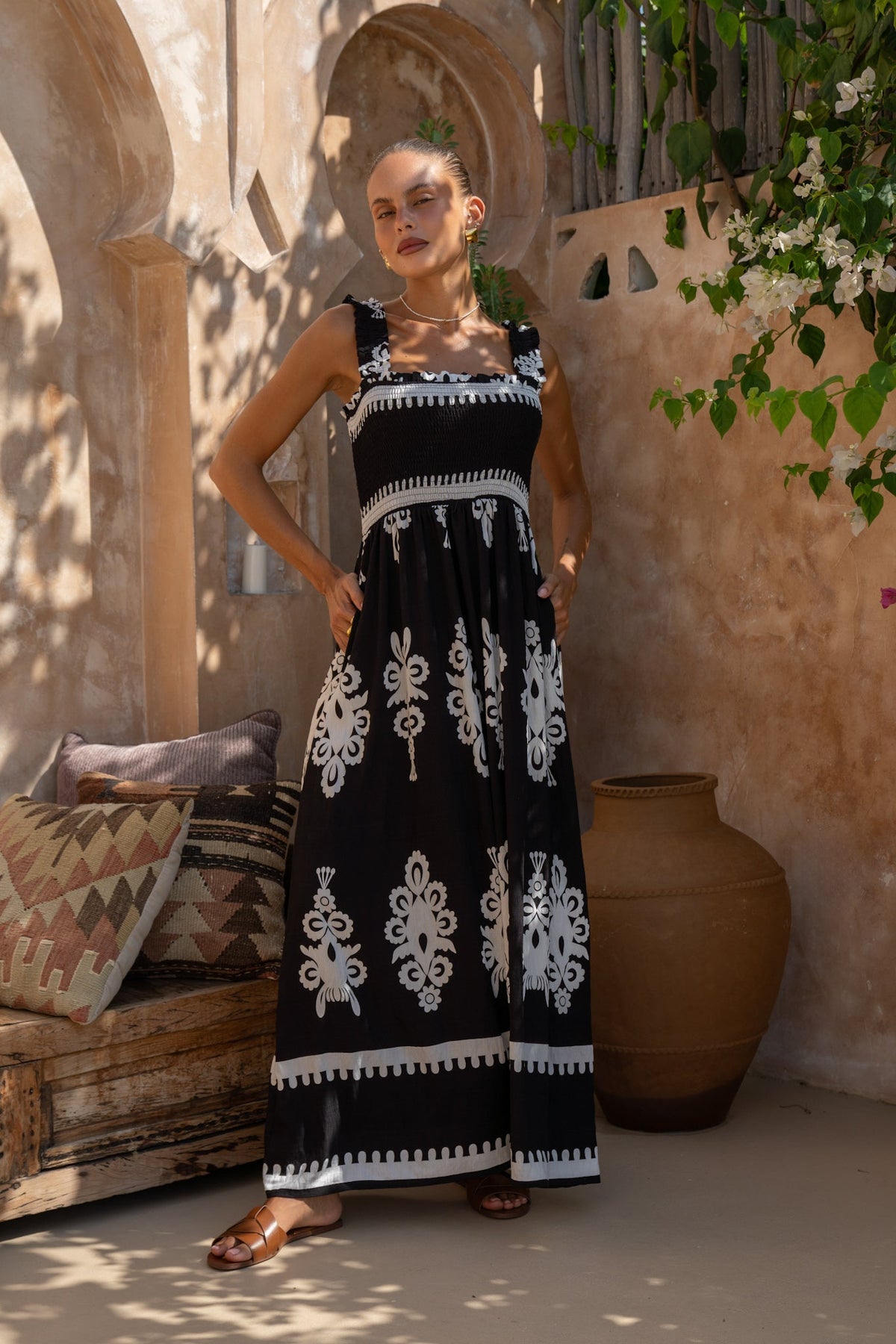 Black Abstract Square Neck Maxi Dress